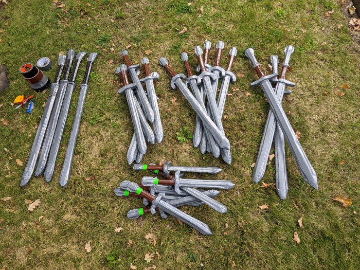 Thanks to Autumn, Nico, and Tyson for their work on the swords; and to Cortland, Edie, Nicky, Nico, and Tyson for the long hours making sashes, packets, and foam pieces for builds later in the summer.